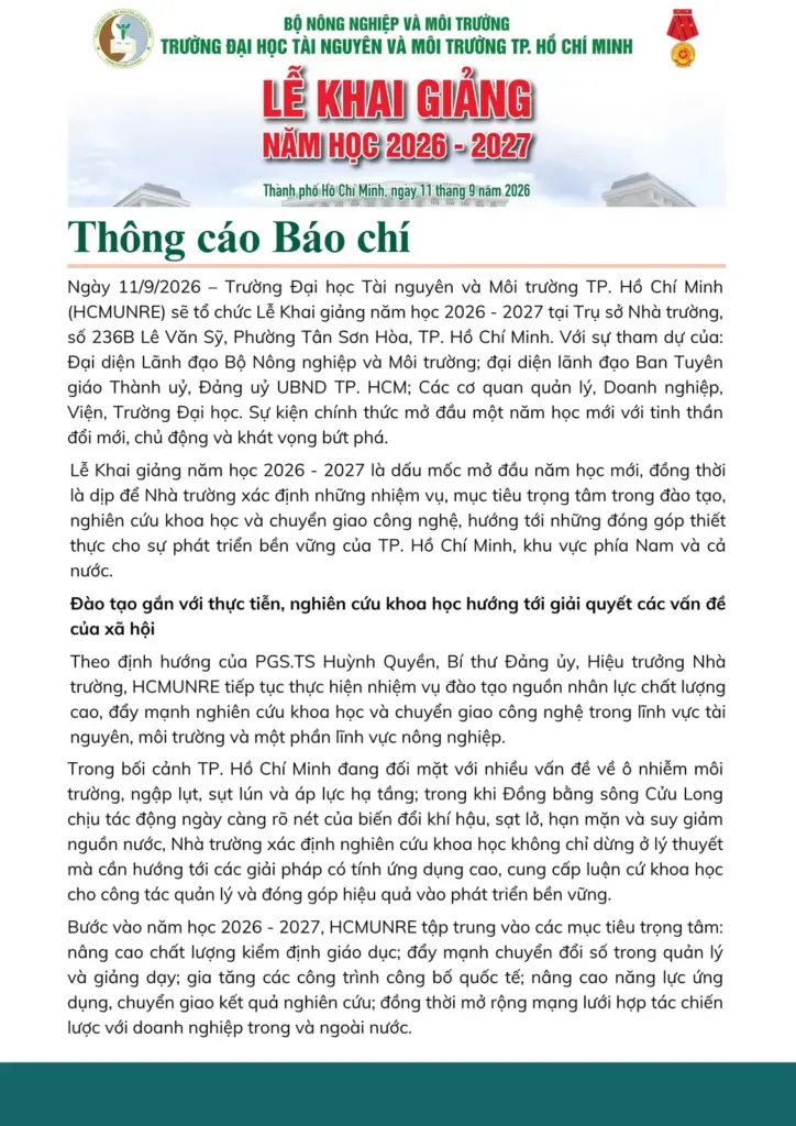 THÔNG CÁO BÁO CHÍ: LỄ KHAI GIẢNG NĂM HỌC 2026 - 2027