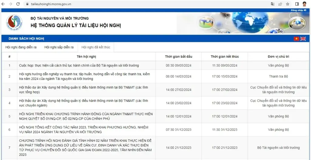 Hệ thống quản lý tài liệu hội nghị của Bộ Nông nghiệp và Môi trường.