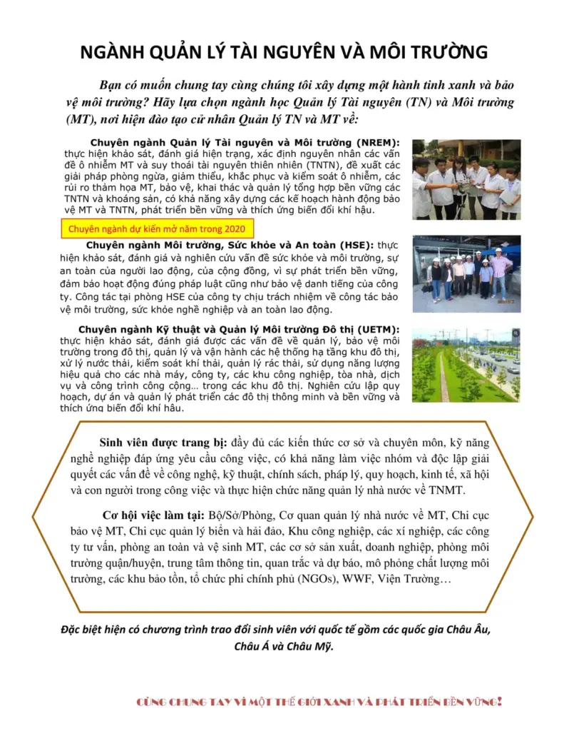 THÔNG TIN CÁC NGÀNH NGHỀ ĐÀO TẠO CỦA KHOA MÔI TRƯỜNG NĂM 2020