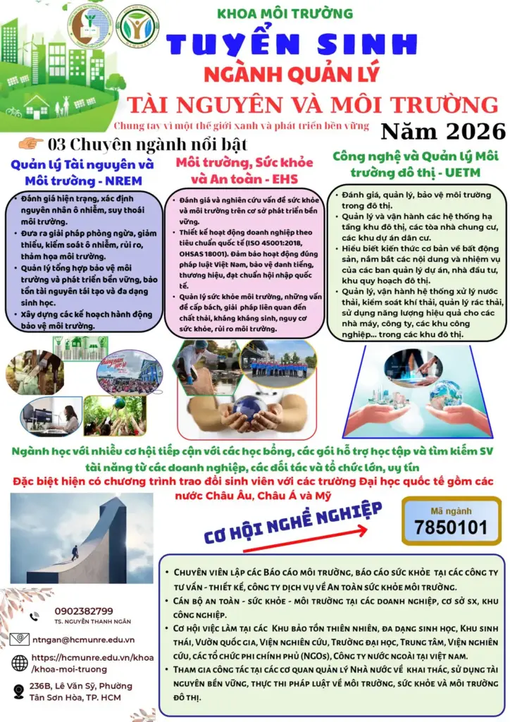 THÔNG TIN NGÀNH ĐÀO TẠO HỆ ĐẠI HỌC CHÍNH QUY KHOA MÔI TRƯỜNG NĂM 2026