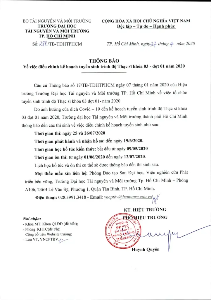 THÔNG BÁO VỀ VIỆC ĐIỀU CHỈNH KẾ HOẠCH TUYỂN SINH HỆ CAO HỌC CHÍNH QUY KHÓA 03 ĐỢT 1 NĂM 2020