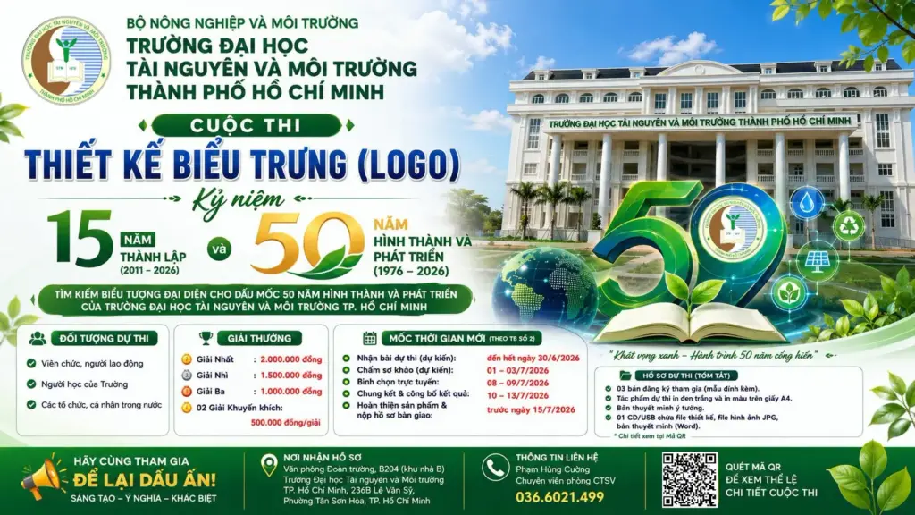 THÔNG TIN VỀ VIỆC GIA HẠN THỜI GIAN NHẬN TÁC PHẨM DỰ THI THIẾT KẾ BIỂU TRƯNG (LOGO) KỶ NIỆM 15 NĂM THÀNH LẬP (2011-2026) VÀ 50 NĂM HÌNH THÀNH PHÁT TRIỂN (1976-2026) CỦA HCMUNRE