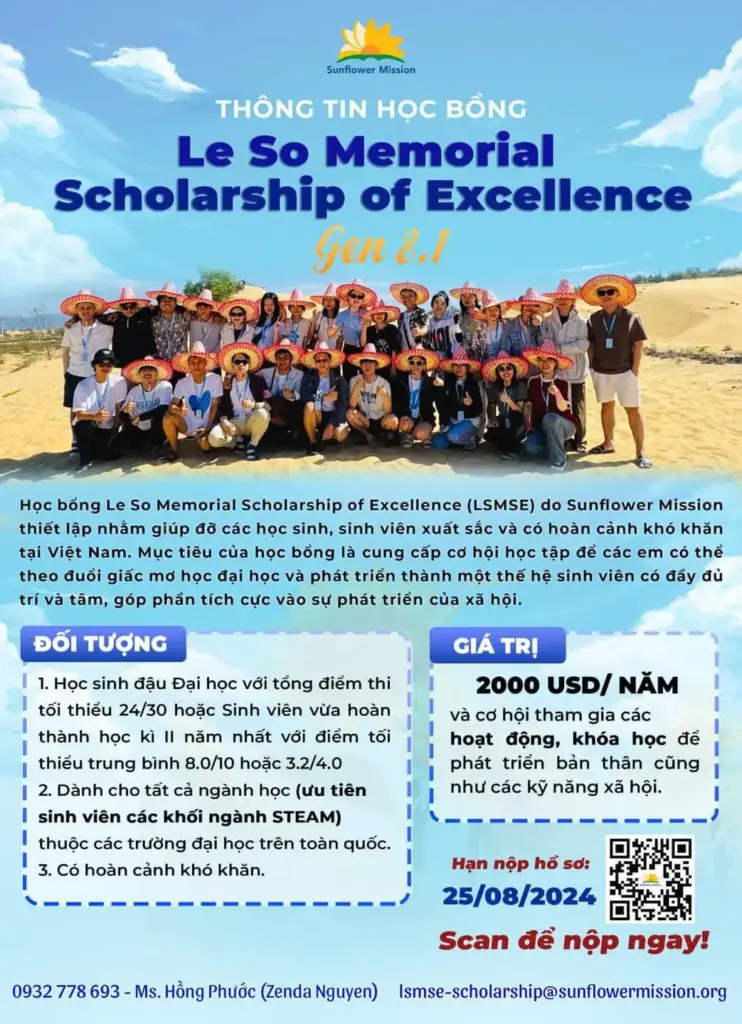 THÔNG BÁO VỀ CHƯƠNG TRÌNH HỌC BỔNG LE SO MEMORIAL SCHOLARSHIP OF EXCELLENCE MÙA THU NĂM 2024