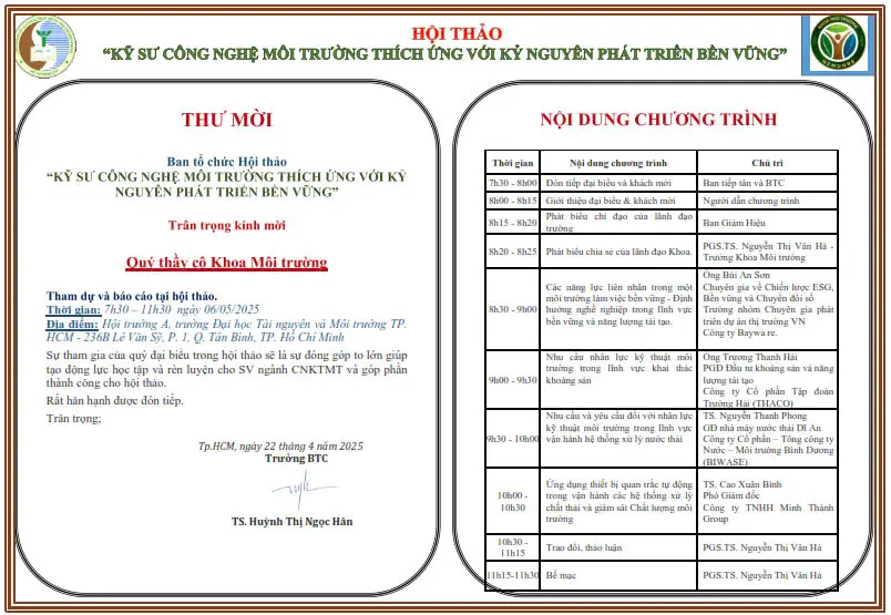 THÔNG TIN VỀ HỘI THẢO KỸ SƯ CÔNG NGHỆ MÔI TRƯỜNG THÍCH ỨNG VỚI KỶ NGUYÊN PHÁT TRIỂN BỀN VỮNG 2025