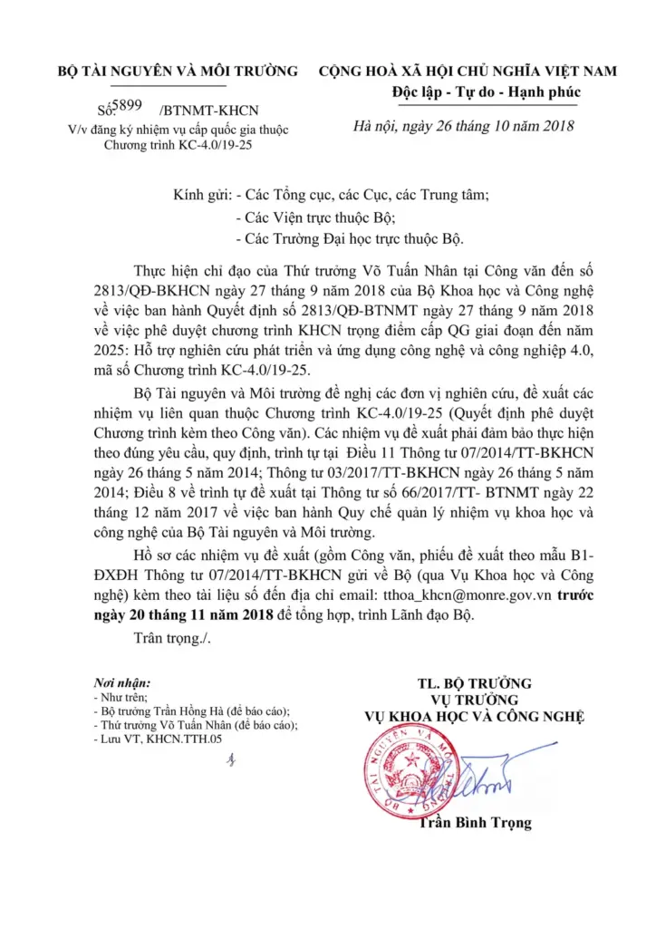 THÔNG BÁO VỀ VIỆC ĐĂNG KÝ NHIỆM VỤ CẤP QUỐC GIA THUỘC CHƯƠNG TRÌNH KC-4.0/19-25