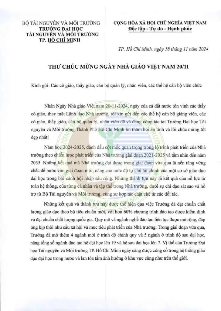 Thư chúc mừng Ngày Nhà giáo Việt Nam 20/11 của Hiệu trưởng Trường ĐH Tài nguyên và Môi trường TP. HCM