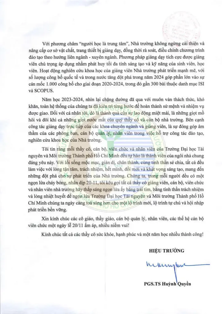 Thư chúc mừng Ngày Nhà giáo Việt Nam 20/11 của Hiệu trưởng Trường ĐH Tài nguyên và Môi trường TP. HCM