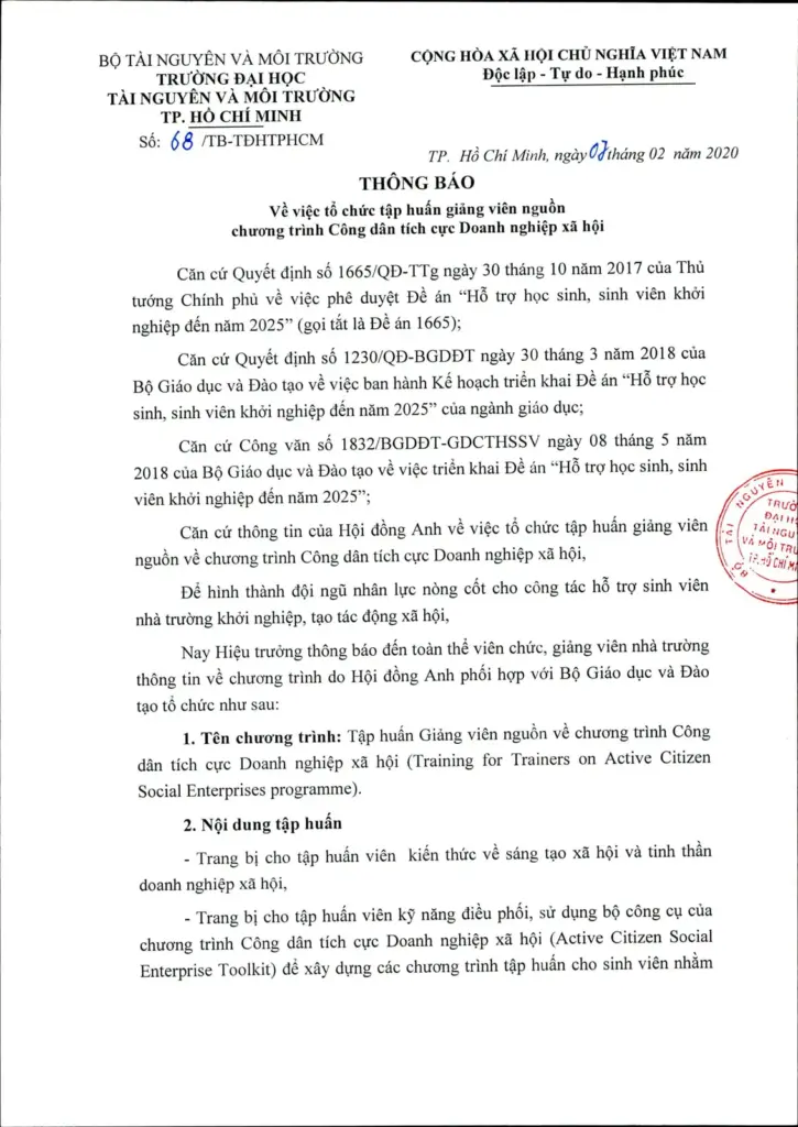 THÔNG BÁO VỀ VIỆC TỔ CHỨC TẬP HUẤN GIẢNG VIÊN NGUỒN CHO CHƯƠNG TRÌNH CÔNG DÂN TÍCH CỰC DOANH NGHIỆP XÃ HỘI