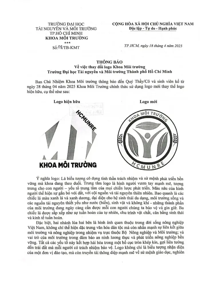 THÔNG BÁO THAY ĐỔI MẪU LOGO MỚI CỦA KHOA MÔI TRƯỜNG TỪ THÁNG 4/2025