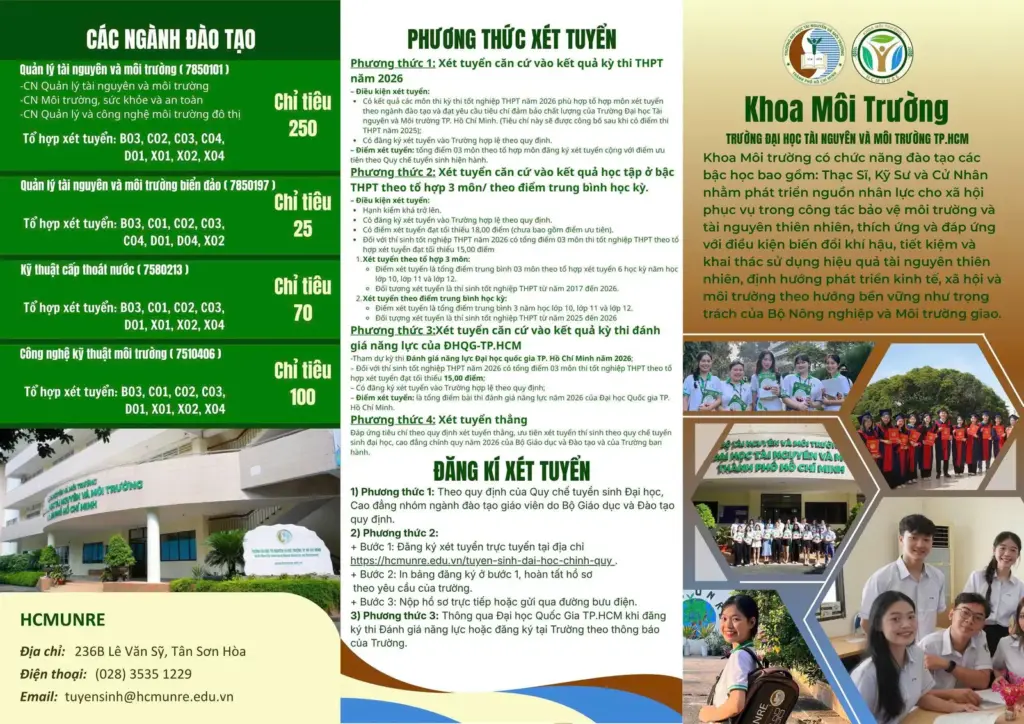 THÔNG TIN TUYỂN SINH HỆ ĐẠI HỌC CHÍNH QUY KHOA MÔI TRƯỜNG NĂM 2026
