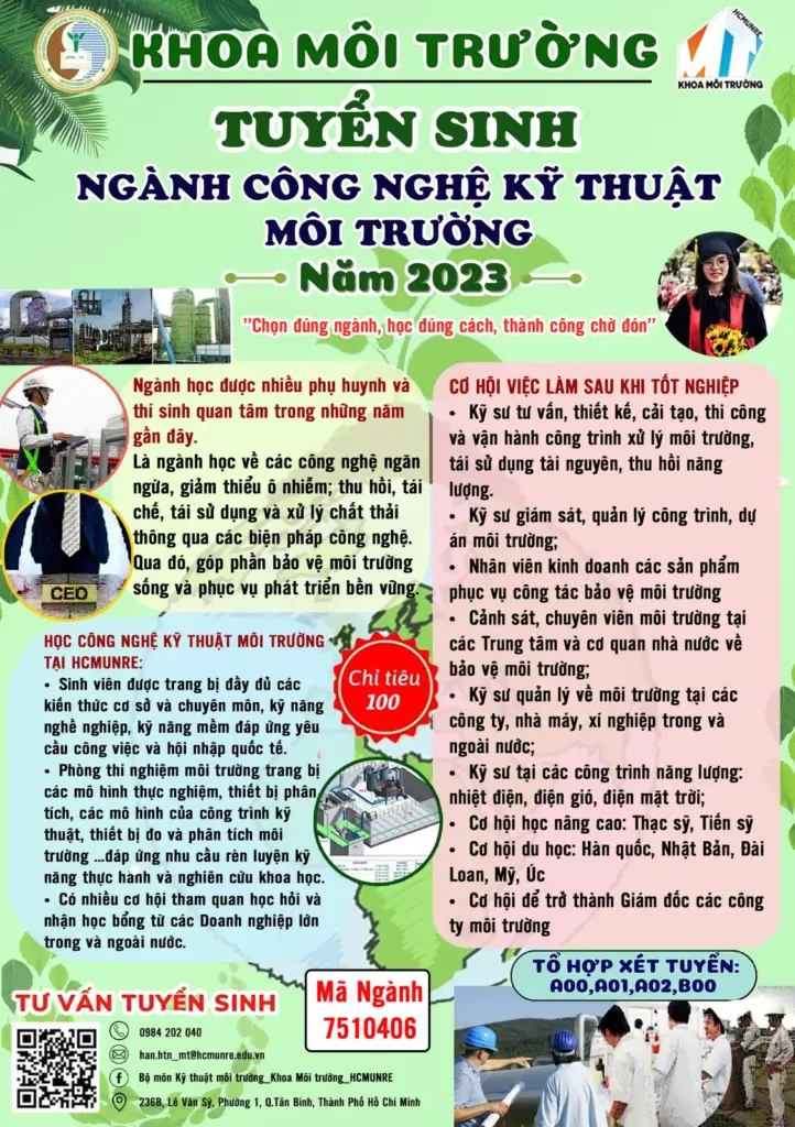 THÔNG TIN TUYỂN SINH NGÀNH CÔNG NGHỆ KỸ THUẬT MÔI TRƯỜNG NĂM 2023