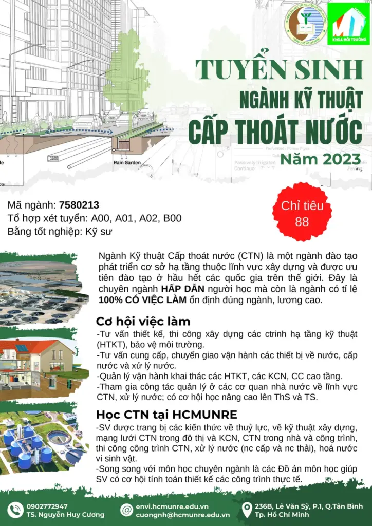 THÔNG TIN TUYỂN SINH NGÀNH KỸ THUẬT CẤP THOÁT NƯỚC NĂM 2023