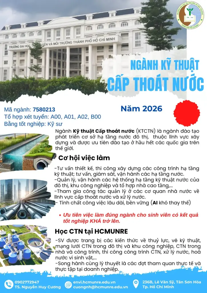 THÔNG TIN TUYỂN SINH NGÀNH KỸ THUẬT CẤP THOÁT NƯỚC NĂM 2026