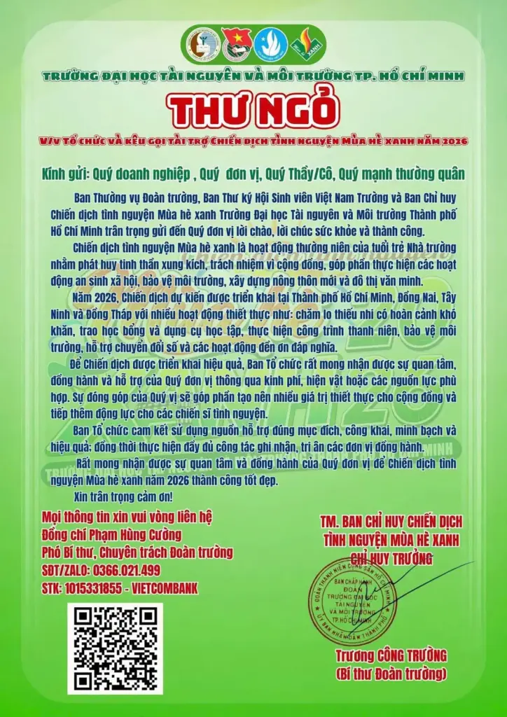 THƯ NGỎ KÊU GỌI ĐỒNG HÀNH CÙNG CHIẾN DỊCH MÙA HÈ XANH CỦA HCMUNRE NĂM 2026