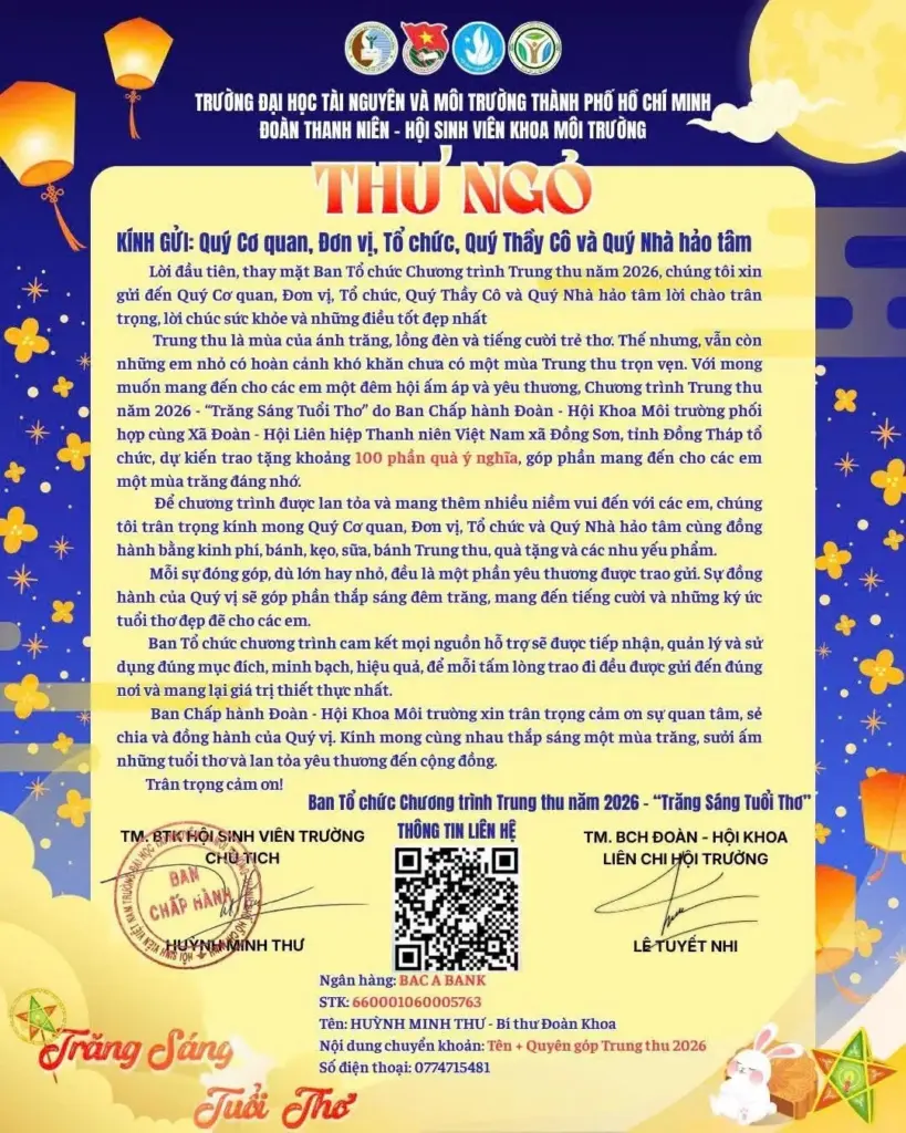 THƯ NGỎ VỀ VIỆC HỖ TRỢ CHO CHƯƠNG TRÌNH TRĂNG SÁNG TUỔI THƠ 2026