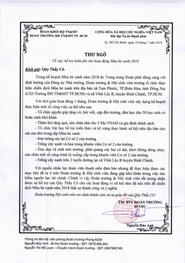THƯ NGỎ VỀ VIỆC HỖ TRỢ KINH PHÍ CHO CÁC HOẠT ĐỘNG MÙA HÈ XANH 2018