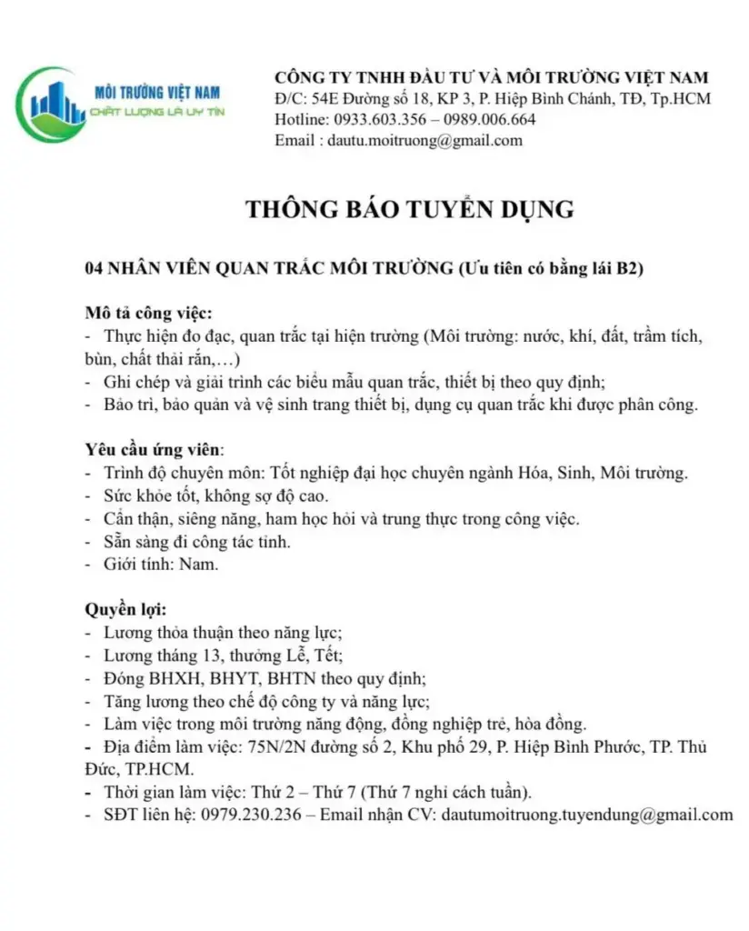 THÔNG BÁO TUYỂN DỤNG NHÂN SỰ CỦA CÔNG TY ĐẦU TƯ VÀ MÔI TRƯỜNG VIỆT NAM THÁNG 3/2025