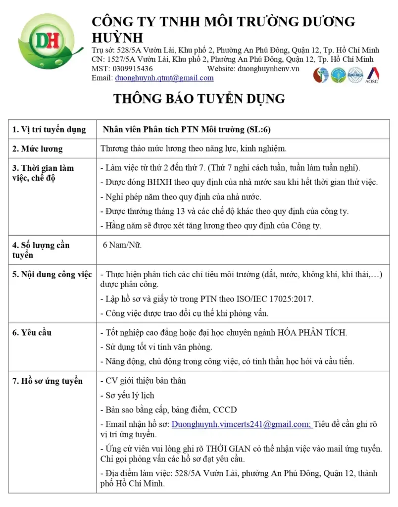 THÔNG BÁO TUYỂN DỤNG NHÂN SỰ CỦA CÔNG TY DƯƠNG HUỲNH THÁNG 3/2025