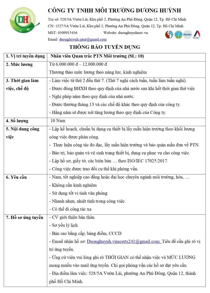 THÔNG BÁO TUYỂN DỤNG NHÂN SỰ CỦA CÔNG TY DƯƠNG HUỲNH THÁNG 3/2025