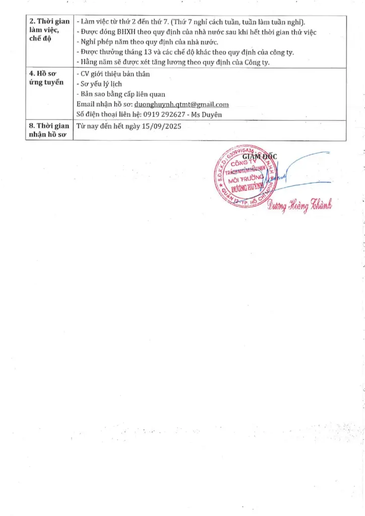 THÔNG BÁO TUYỂN DỤNG NHÂN SỰ CỦA CÔNG TY DƯƠNG HUỲNH THÁNG 8/2025