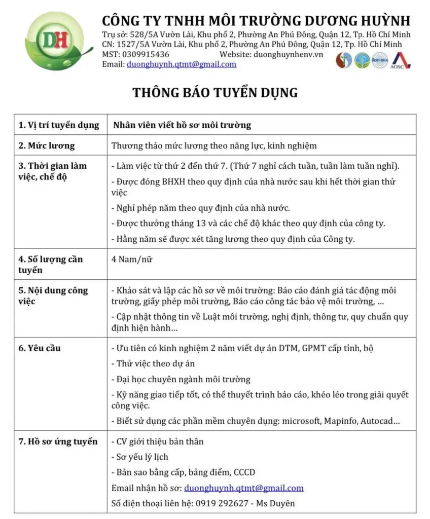 THÔNG BÁO TUYỂN DỤNG NHÂN SỰ CỦA CÔNG TY DƯƠNG HUỲNH THÁNG 9/2024