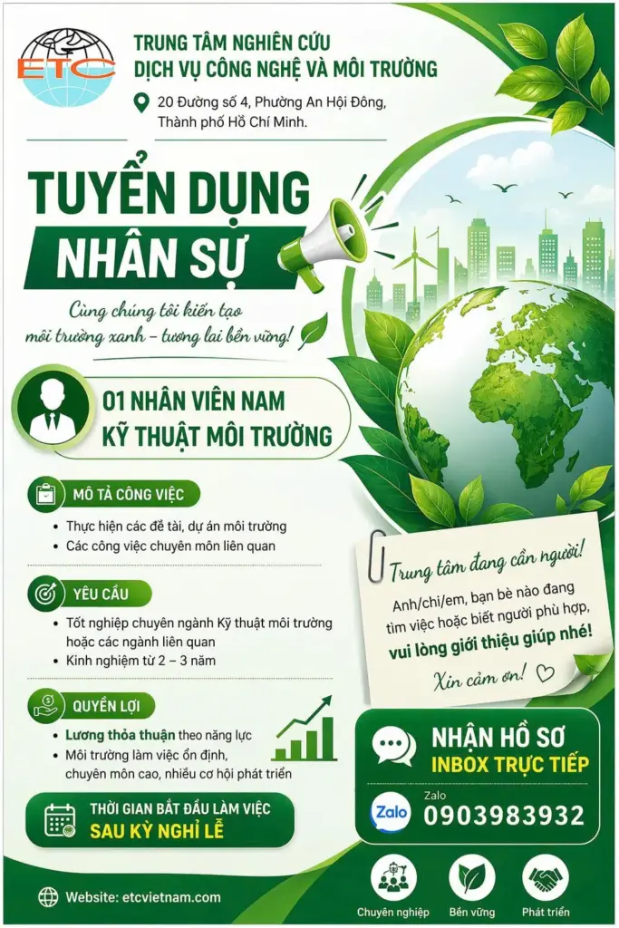 THÔNG BÁO TUYỂN DỤNG NHÂN SỰ CỦA TRUNG TÂM NGHIÊN CỨU DỊCH VỤ VÀ CÔNG NGHỆ MÔI TRƯỜNG THÁNG 4/2026