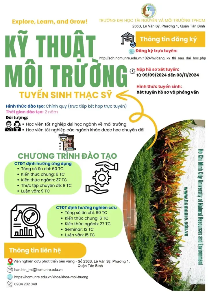 THÔNG TIN TUYỂN SINH HỆ CAO HỌC CHÍNH QUY NGÀNH KỸ THUẬT MÔI TRƯỜNG NĂM 2024