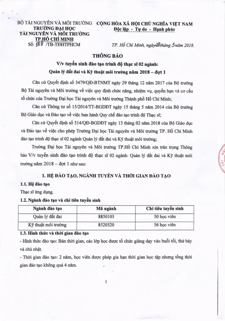 THÔNG TIN TUYỂN SINH HỆ CAO HỌC CHÍNH QUY ĐỢT 1 NĂM 2018