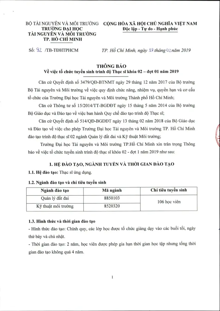 THÔNG TIN TUYỂN SINH HỆ CAO HỌC CHÍNH QUY ĐỢT 1 NĂM 2019