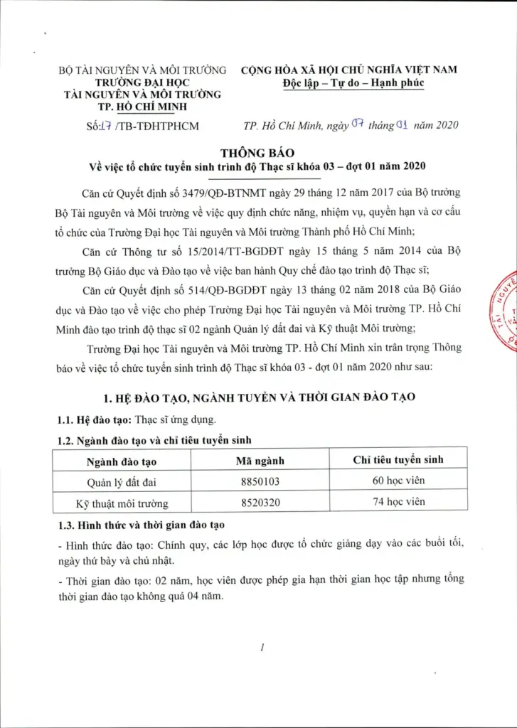 THÔNG TIN TUYỂN SINH HỆ CAO HỌC CHÍNH QUY KHÓA 03 ĐỢT 1 NĂM 2020