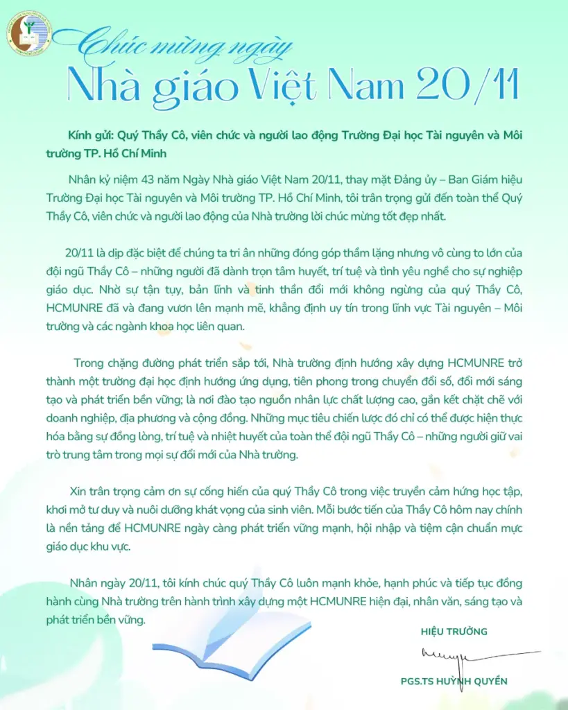 THƯ CHÚC MỪNG CỦA HIỆU TRƯỞNG NHÂN NGÀY NHÀ GIÁO VIỆT NAM 20/11