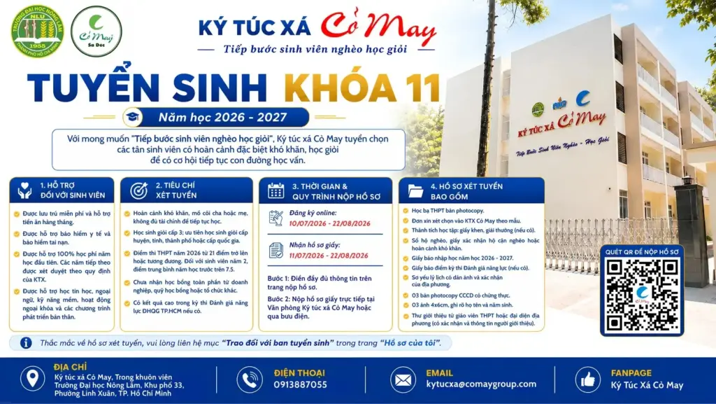 THÔNG TIN VỀ VIỆC XÉT CHỌN SINH VIÊN VÀO KÝ TÚC XÁ CỎ MAY NĂM HỌC 2026-2027