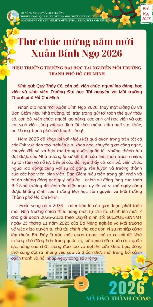 Thư chúc mừng năm mới Xuân Bính Ngọ 2026 của Hiệu trưởng Trường Đại học Tài nguyên và Môi trường Thành phố Hồ Chí Minh
