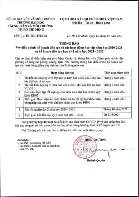 Thông báo điều chỉnh kế hoạch đào tạo và hoạt động học tập.